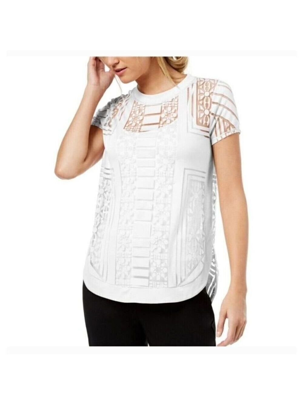 Bar III White Short Sleeve Crew Neck Burnout T-Shirt Top Small